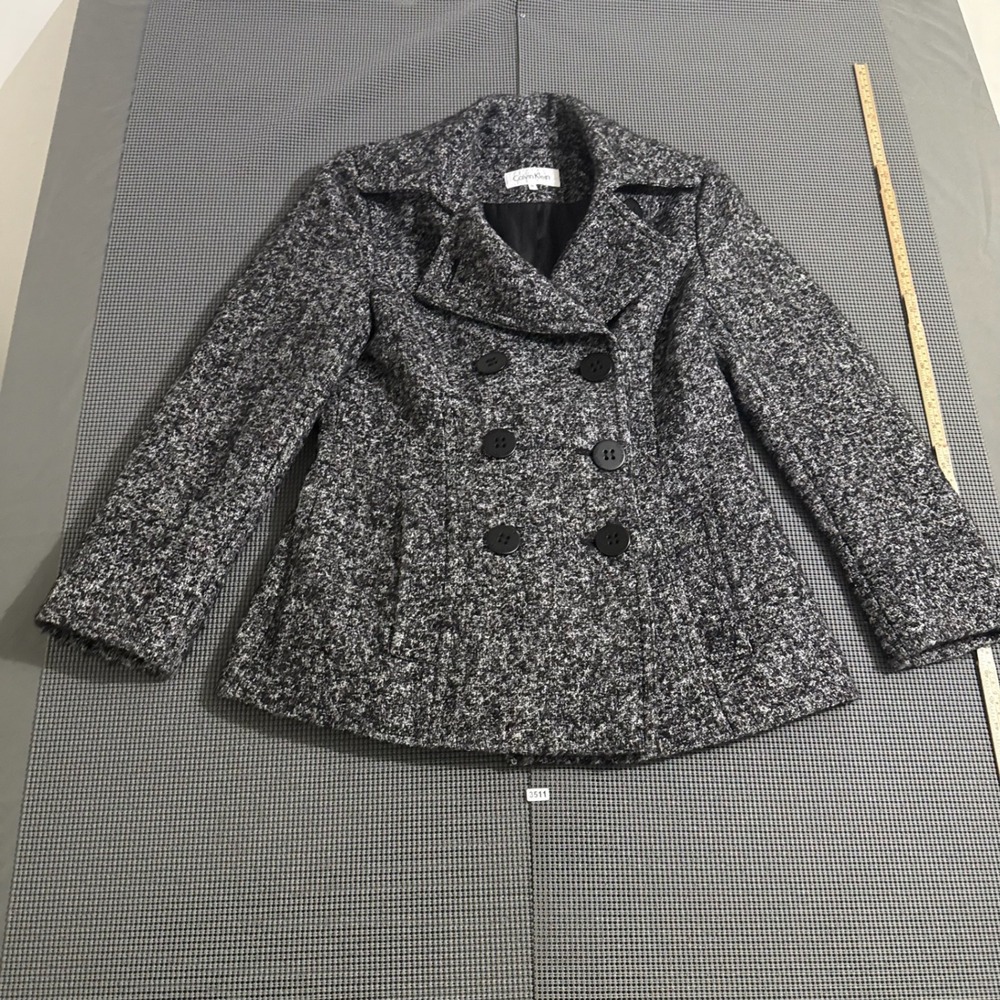 Calvin Klein Womens Black White Marled Double Breasted Peacoat Jacket Size 12